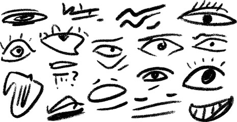 Expressive eye sketches featuring wide, sleepy, and angry expressions for creative design inspiration