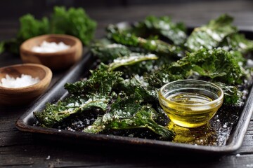 Grünkohl Chips vegan Snack gesund Ofen knusprig Superfood Gemüse salzig ballaststoffreich Kale Chips Clean Eating Low Carb einfach zubereitet pflanzlich grün gesunde Alternative Fingerfood