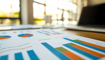 Close-up of financial charts and laptop on a wooden desk, natural light.