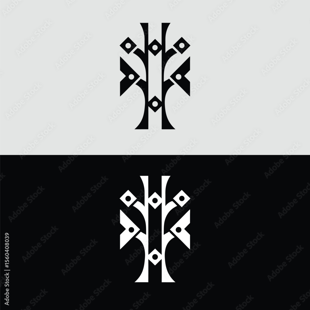 Poster a modern abstract logo design of a stylized tree with geometric shapes, presented in a contrasting b