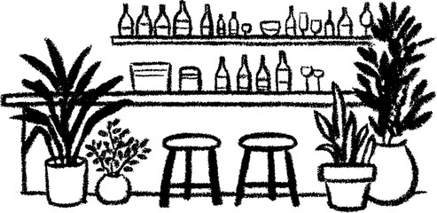 Obraz premium Cozy wine bar interior with bottles and plants - artistic sketch design for decor and inspiration
