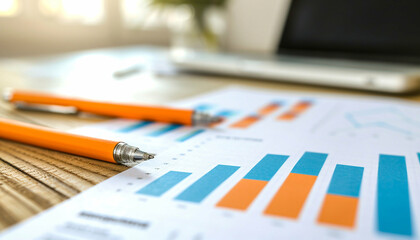 Close-up of a wooden desk with documents, charts, and orange pens, suggesting a business or financial context.