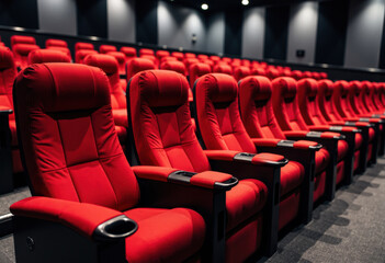 Fototapeta premium Rows of plush red theater seats arranged in a modern cinema or auditorium setting