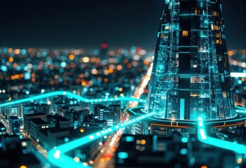 Futuristic cityscape at night with illuminated skyscrapers and glowing neon lines