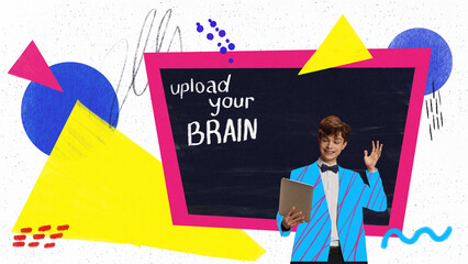 Colorful visual poster. Young student waves energetically in front of chalkboard with 'upload your...