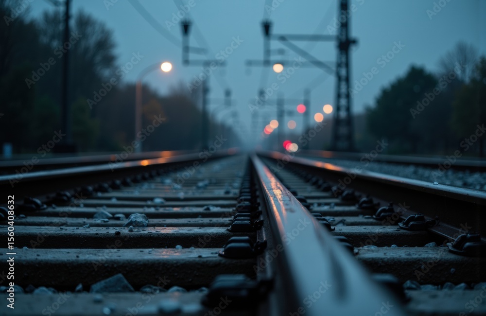 Poster train tracks extending into the distance during dusk with blurred lights and trees on either side