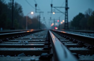 Fototapeta premium Train tracks extending into the distance during dusk with blurred lights and trees on either side