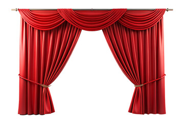 Red velvet theater curtains draped open with tiebacks on a silver rod isolated on a transparent background
