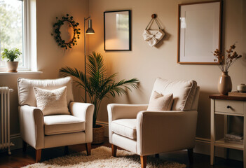 Obraz premium Cozy living room corner with two white armchairs, plants, and decorative wall art