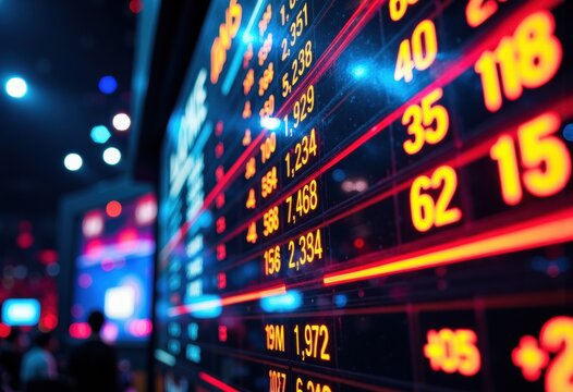 Stock market display with bright red and yellow numbers on a digital board