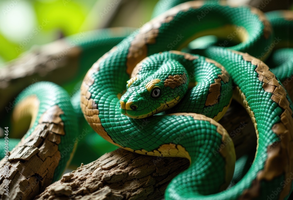 Poster close-up of a vibrant green snake coiled on a tree branch in a natural setting