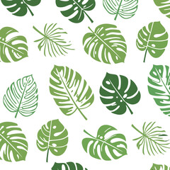Obraz premium Tropical green leaves seamless pattern with monstera and palm foliage design for summer backgrounds and decoration