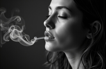 Black and white portrait of a woman with closed eyes exhaling smoke from her mouth
