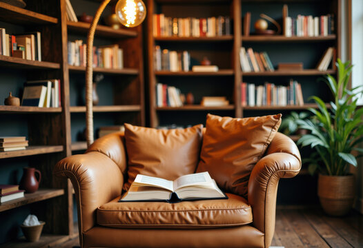 Cozy reading nook with a leather sofa and a bookshelf in a warm, inviting home library - Powered by Adobe