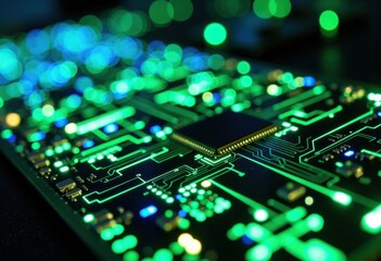 Obraz premium Close-up of a modern electronic circuit board illuminated with vibrant green and blue lights