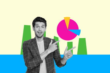 Sketch pop 3d zine full collage of happy businessman businesswoman stand diagram segment progress development chart icon aim