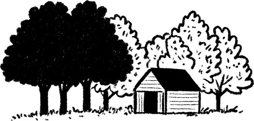 Obraz premium Autumn landscape with trees and farm shed sketch for seasonal design