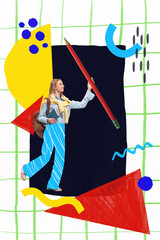 A young Caucasian student walks confidently while holding an oversized pencil against a vibrant,...