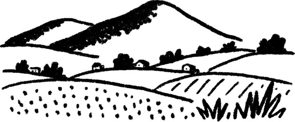 Serene landscape sketch of distant hills and farmland with crops