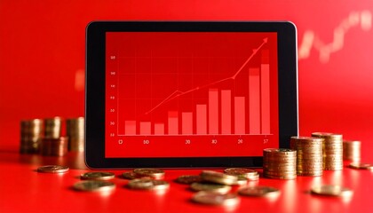 A close-up of a red tablet screen displaying a rising bar graph alongside neatly stacked coins symbolizing financial growth, success, and digital investment