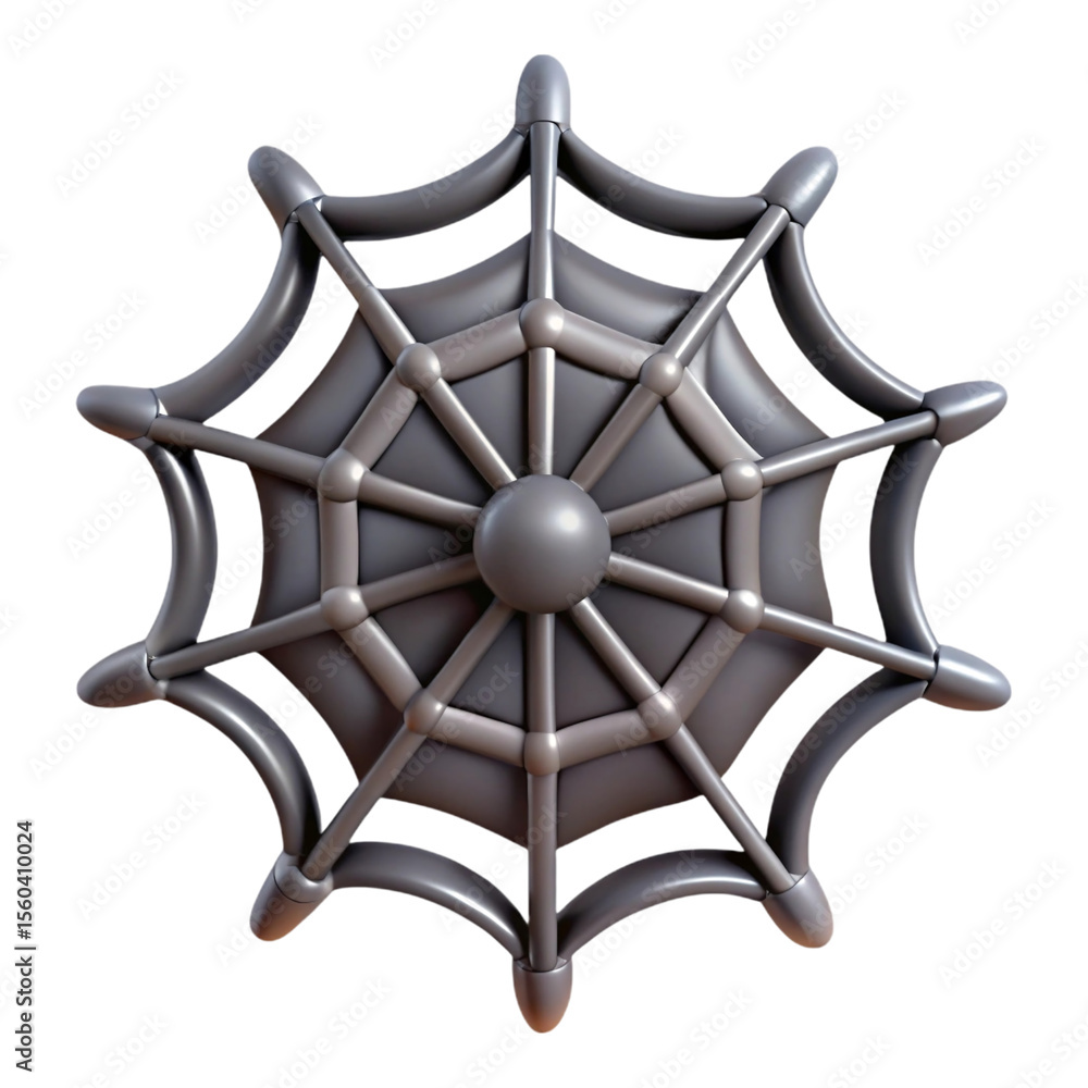 Poster stylized three-dimensional gray spiderweb graphic with radial lines and central sphere element, rend