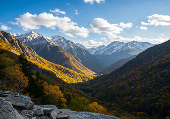 Sharp Landscape Photo of Autumn Forest and Snow-Dusted Mountain Peaks with Rocky Foreground Under Bright Blue Sky