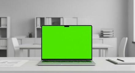Laptop Mockups with Green Screens – Office Backgrounds Blurred, No People – UI/UX Design Presentation, Product Display, and Branding Showcase Ready
