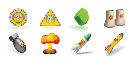Cartoon 3D Nuclear Energy & Warfare Icons Set with a nuclear bomb, missile, uranium vector 3d icon