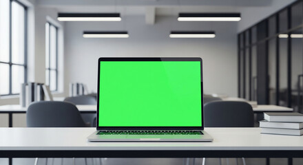 Laptop Mockups with Green Screens – Office Backgrounds Blurred, No People – UI/UX Design Presentation, Product Display, and Branding Showcase Ready