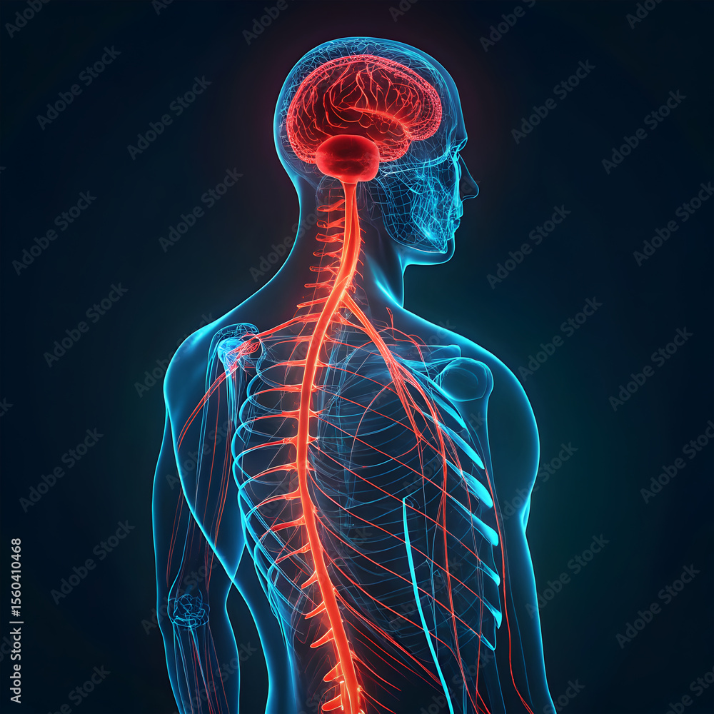 Poster digital sci-fi style illustration of a human nervous system, featuring glowing neural pathways and a