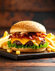 Sizzling gourmet burger with melted cheese and crispy bacon restaurant kitchen food photography rustic environment close-up view delicious indulgence