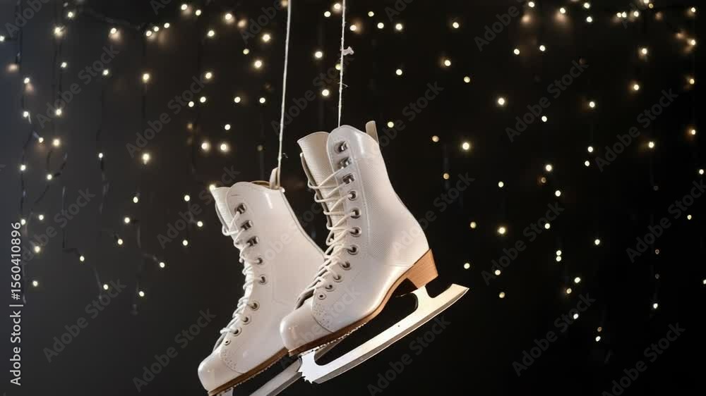 Poster a pair of ice skates suspended in mid-air by a string, ready for use