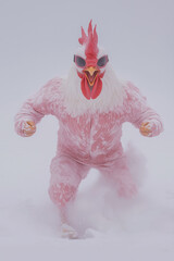 Anthropomorphic rooster with muscular build stands in snow, surreal and creative winter fantasy scene