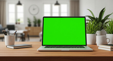 Laptop Mockups with Green Screens &ndash; Office Backgrounds Blurred, No People &ndash; UI/UX Design Presentation, Product Display, and Branding Showcase Ready