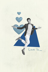 3d trendy vertical banner creative collage of happy girl guy receive like reaction popular blog...
