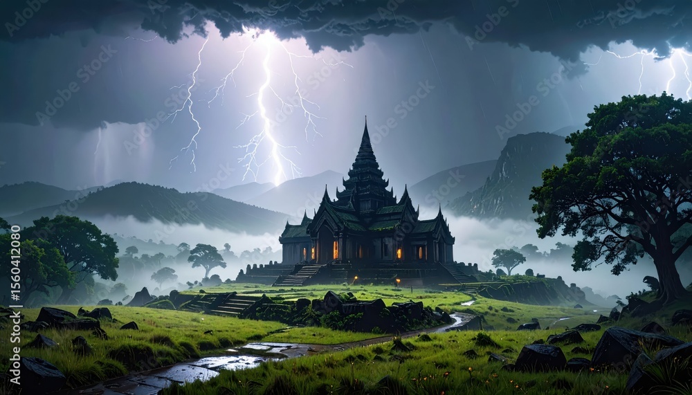Aufkleber mysterious ancient temple in fog with lightning and halos