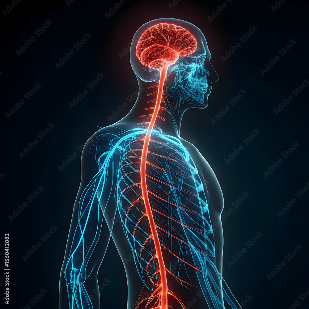 Poster digital sci-fi style illustration of a human nervous system, featuring glowing neural pathways and a