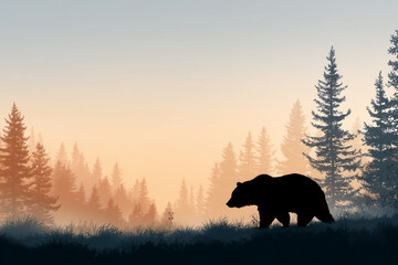 A majestic bear silhouette moves gracefully through a tranquil forest at sunset, surrounded by misty trees, creating a serene and artistic atmosphere.