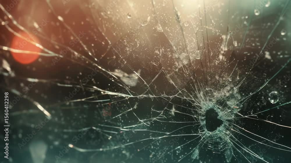 Poster a broken glass window with a red light shining through, ideal for use in scenes about crime, mystery