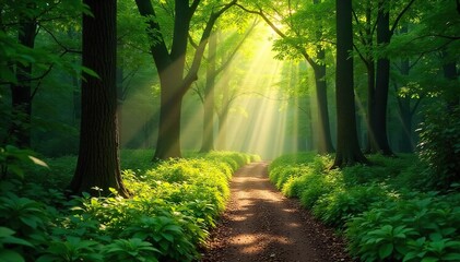 Obraz premium Sun-Dappled Path Winding Through a Lush Green Forest Canopy, Creating a Magical and Tranquil Atmosphere Perfect for Nature, Serenity, and Mystery Themes.