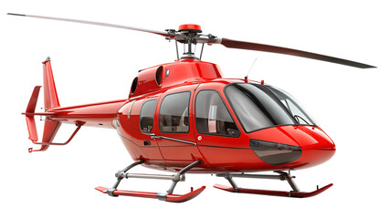 Shiny red helicopter with rotor blades and skids on a black background isolated on a transparent background