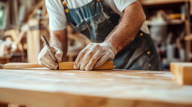 Craftsman measuring wood in a workshop while preparing for woodworking project in bright natural light