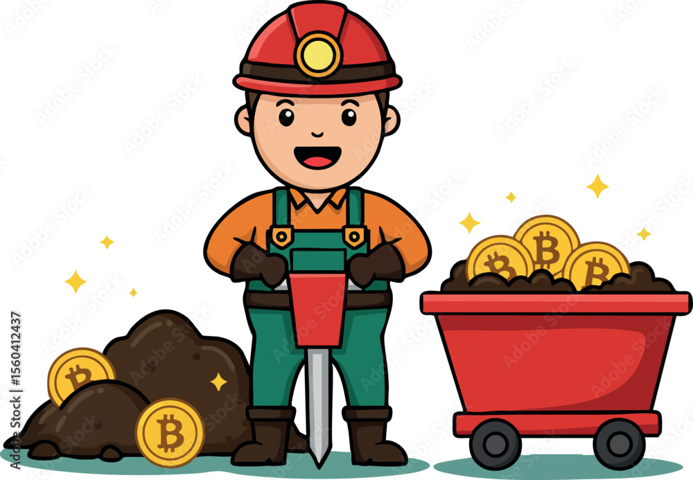 Poster bitcoin miner cartoon character with mining cart and coins digital currency mining concept vector il