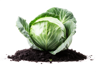  green cabbage growing in soil isolated on white background PNG, AI GENERATED