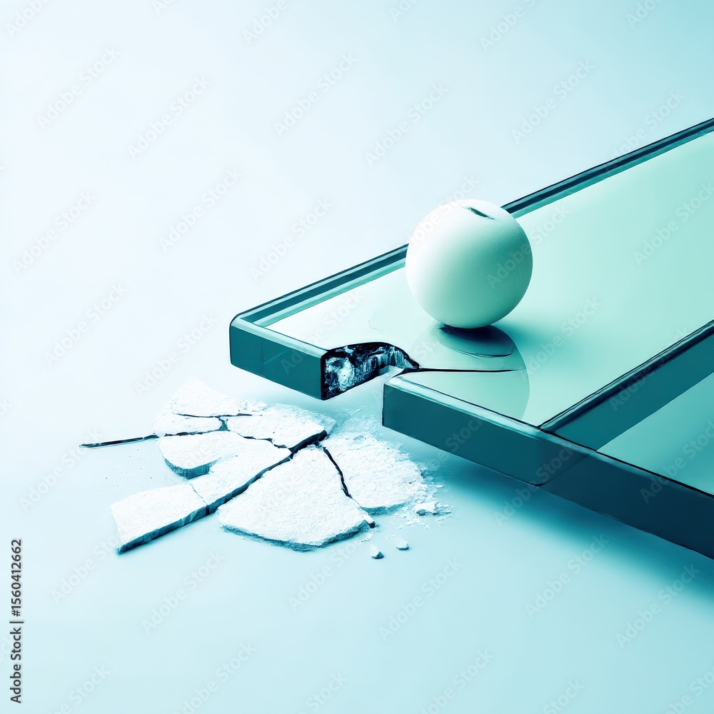 Poster material science nanomaterials concept. a shattered mirror with a ping pong ball on a light backgrou