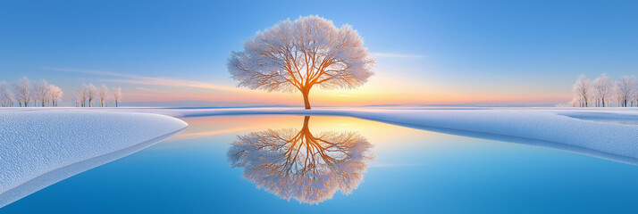 A beautiful, stark winter scene. A single, deciduous tree, its branches reaching a , golden sunrise light, on a slope of freshly fallen snow.placid body of water mirrors the tree and sky.