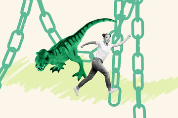 Full 3d art banner collage of happy guy girl stand captive prison trap chain predator dinosaur rex...