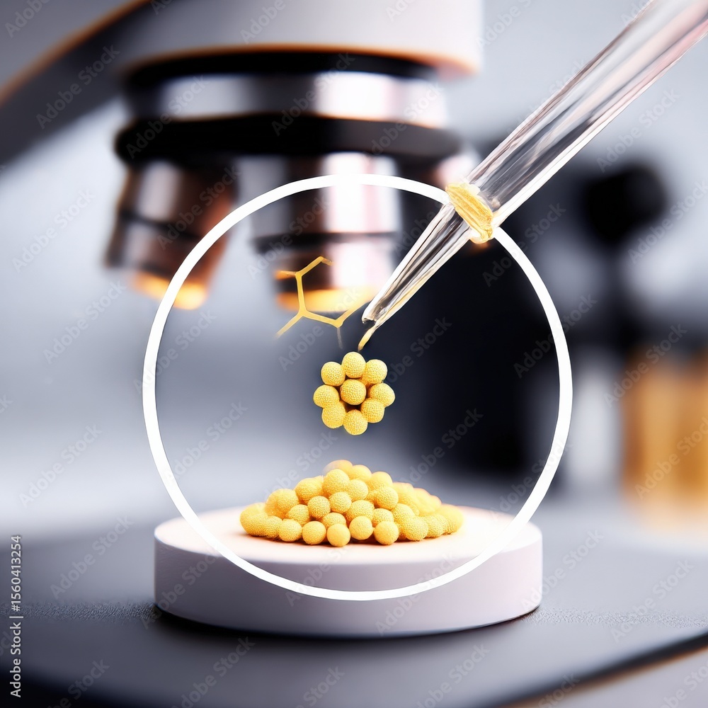 Poster material science nanomaterials concept. microscope examining tiny spheres in a petri dish.