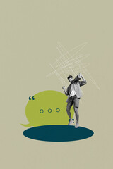 Vertical image photo collage of happy girl guy stand bubble communication chatterbox speech...