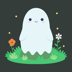 Vector art illustration of a ghost in the garden at night